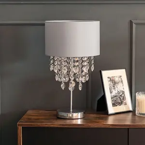 ValueLights Lulu Grey Fabric Table Lamp with Acrylic Jewel Droplet Drum Shade Bedside Lamp