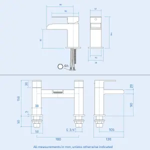 Nes Home Ozone Modern Set Of Waterfall Basin Mono Mixer Tap & Bridge Deck Mounted Bath Filler Tap + Waste