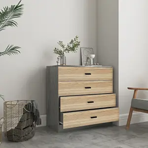 URBNLIVING Height 73cm 4 Drawer Wooden Bedroom Chest Cabinet Modern Ash Grey Carcass and Oak Drawers Wide Storage Cupboard Closet