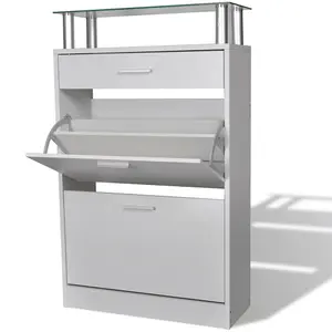 Shoe Cabinet with a Drawer and a Top Glass Shelf Wood White