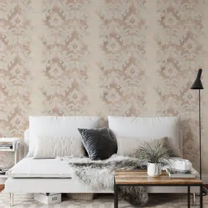 Wallquest Villa Rosa Damask Leaf Taupe Wallpaper Floral Leaves Acrylic Coated