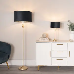 ValueLights Maggie Gold Candlestick Floor Lamp with Black Velvet with Gold Inner Lamp Shade and LED Bulb