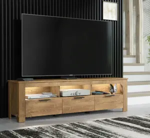 Furneo TV Stand Dark Oak Effect 170cm Unit Cabinet White LED Lights Prestigio 02