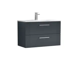 Retro 2 Drawer Wall Hung Vanity Unit with Minimalist 1 Tap Hole Ceramic Basin - 800mm - Satin Soft Black - Balterley