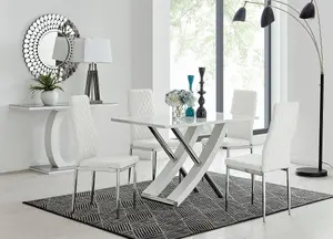 Furniturebox UK Mayfair 4 White High Gloss And Stainless Steel Dining Table And 4 White Milan Chairs Set