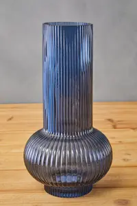 Interiors by Premier Large Blue Cylindrical Glass Vase, Wide Midsection and Ribbed Design Flower Vase, Large Blue vase for Decor