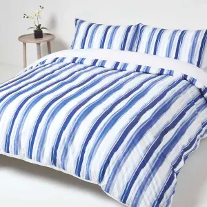 Homescapes Blue Stripe Digitally Printed Cotton Duvet Cover Set, King