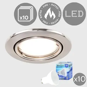 ValueLights Downlight Tiltable Fire Rated Brushed Chrome Ceiling Light Fitting 10 Pack With Warm White Bulbs