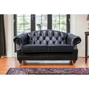 Chesterfield 2 Seater Old English Black Leather Sofa Settee Bespoke In Victoria Style