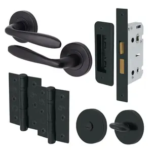 AFIT - Matt Black Bathroom Door Handle Set Internal Door Handles 64mm Lock 76mm Hinges Santeau Range