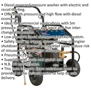 Diesel Powered Pressure Washer - 10hp Engine - 290bar - 5m Pressure Hose