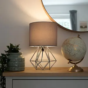 ValueLights Angus Modern Grey Metal Basket Cage Bed Side Table Lamp with Grey Fabric Shade with LED Golfball Bulb In Warm White