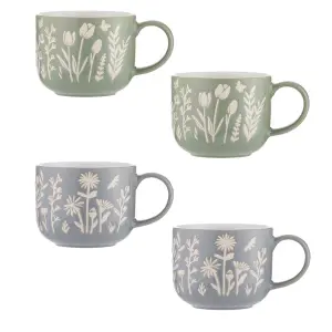 Mason Cash Set of 2 The Meadow Tulip Mugs & Set of 2 Blue Daisy Mugs 400ml