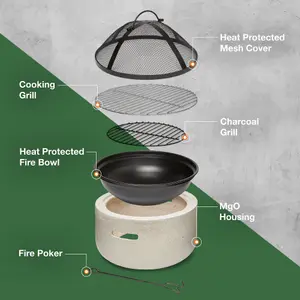 VonHaus Fire Pit, 2 in 1 Firepit with BBQ Cooking Grill for Outdoor, Garden, Patio, MgO Material, Use Wood or Charcoal to Fuel