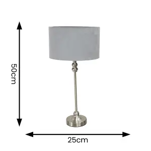 ValueLights Maggie Brushed Chrome Candlestick Slim Table Lamp with Grey Velvet Drum Lamp Shade and LED Bulb