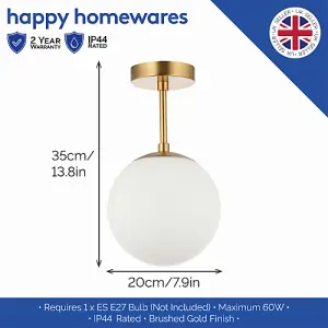 Traditional Glass Globe IP44 Bathroom Ceiling Light Fixture in Brushed Gold