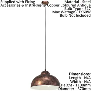 Hanging Ceiling Pendant Light Antique Copper Dome Bowl Shade 1 x 60W E27 Bulb