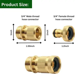 2-Pack Brass Garden Hose No-Leak Connector Set 3/4 Inch Female and Male Quick Connectors with PTFE Tape Durable Water Hose Fitting