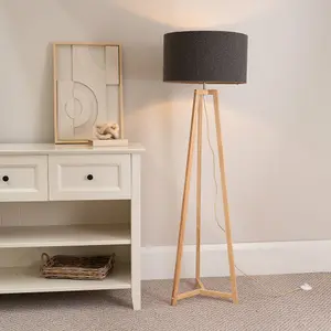 ValueLights Lottie Natural Wood Tripod Floor Lamp with Charcoal Grey Boucle Drum Shade - LED Bulb Included