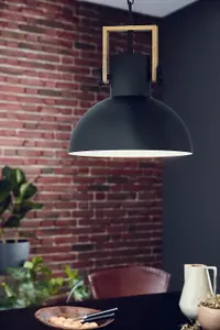 Hanging Ceiling Pendant Light Black & Wood Industrial Shade 1 x 28W E27 Bulb