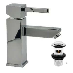 Emperor Chrome Modern Square Bathroom Sink Basin Mixer Tap - Single Lever Mono Faucet with Push Waste Plug