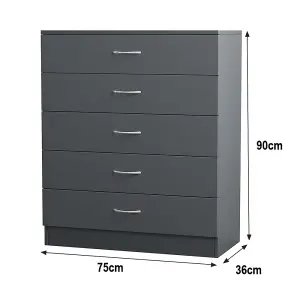 SunDaze Chest of Drawers Bedroom Furniture Bedside Cabinet with Handle 5 Drawer Grey 75x36x90cm