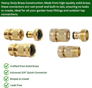 2 Pairs Garden Hose Quick Connect Set 3/4 Inch Solid Brass Hose Fitting w/ PTFE Tape Male,Female Adapters for Outdoor Tap and More