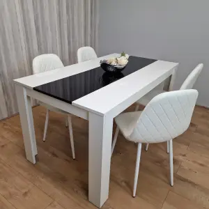 Wooden White Black Dining Table  with 4 White Stitched Leather Chairs Set