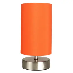 ValueLights Francis Brushed Chrome Touch Dimmer Bedside Table Lamp with Orange Cylinder Light Shade