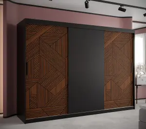 Spacious Marsylia Sliding Door Wardrobe W2500mm H2000mm D620mm - Black & Dark Walnut, Sleek Design, Ample Storage