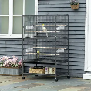 PawHut Large Bird Cage Budgie Cage for Finch Canaries Parakeet with Rolling Stand, Slide-out Tray, Storage Shelf, Dark Grey