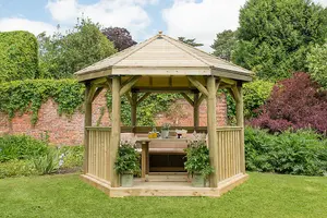 3.6m Hexagonal Wooden Garden Gazebo with Timber Roof - Furnished with Table, Benches and Cushions  (Cream)