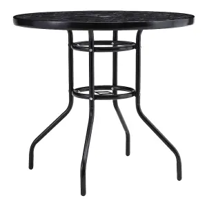 Black Round Garden Tempered Glass Marble Coffee Table with Umbrella Hole 80cm