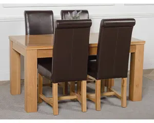 Dakota 152 x 87 cm Chunky Medium Oak Dining Table and 4 Chairs Dining Set with Washington Brown Leather Chairs