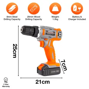 Terratek Cordless Drill & Drill Bit Set 18V Battery & Charger and Case Included