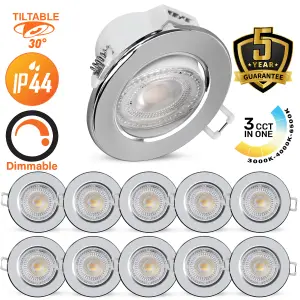 paul russells LED Downlight Chrome Dimmable Tilt Recessed Ceiling Spotlight 6W 570 Lumens, IP44, Colour Changeable CCT3 Pack of 10