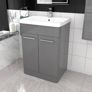 Nes Home 600mm Freestanding Grey Basin Vanity & 350mm Wall Hung Tall Cabinet Set