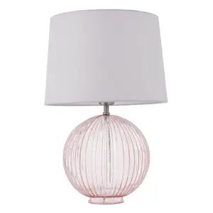 Table Lamp Dusky Pink Ribbed Glass & Vintage White Linen 40W E27 GLS