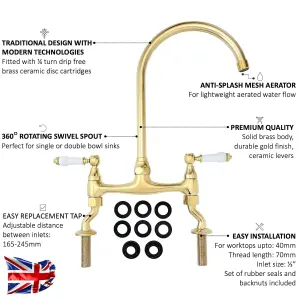 ENKI Astbury Traditional Gold Bridge with Adjustable Legs Mixer Tap for Kitchen Sink