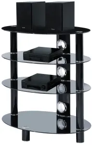 Centurion Supports HALIGON 4-Shelf Oval Premium Black Glass with Black Legs AV Rack