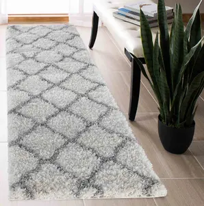 Moroccan Berber Shaggy Rugs Living Room Bold Trellis Light Cream 60x220 cm