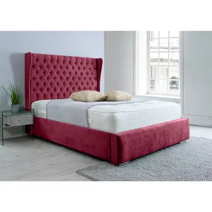 Salva Plush Bed Frame With Winged Headboard - Maroon