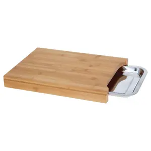 Chopping Board - Made From Durable Bamboo - Sliding Stainless Steel Tray For Extra Space Or Serving