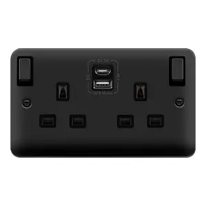 Curved Matt Black 2 Gang 13A DP Ingot Type A & C USB Twin Double Switched Plug Socket - Black Trim - SE Home