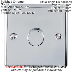 2 PACK 1 Gang 400W 2 Way Rotary Dimmer Switch CHROME Light Dimming Plate