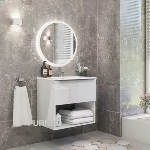 Furneo Bathroom Vanity Unit Floating Storage Basin Gloss White 1-Drawer 60cm With Chrome Handle