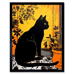 Akhsa Black Cat By Potted Plants Mediterranean Door - Single Picture Frame Print