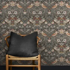 William Morris Gallery Collection Charcoal Strawberry Thief Smooth Wallpaper