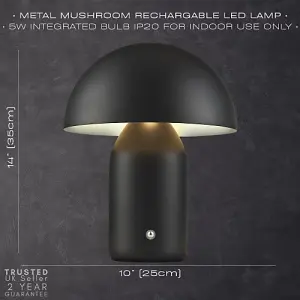 Modern Rechargeable 35cm Mushroom Lamp in Mat Black with Touch Dimmer Button