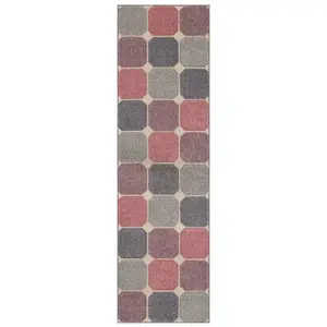 Modern Easy to Clean Chequered Geometric Pink Rug for Dining Room-200cm X 285cm